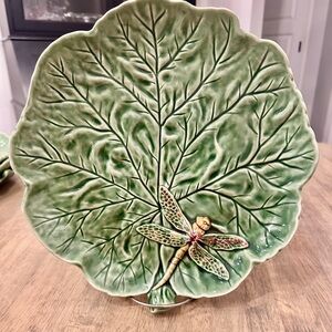 Set of 2 Vintage Bordallo Pinheiro Green Dragonfly Cabbage Leaf Plates